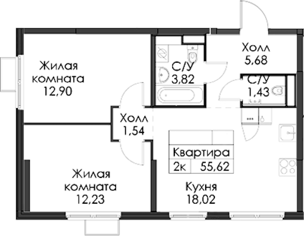 2-комнатная квартира 55.62 м², 11/12 эт., ЖК «Таллинский парк»